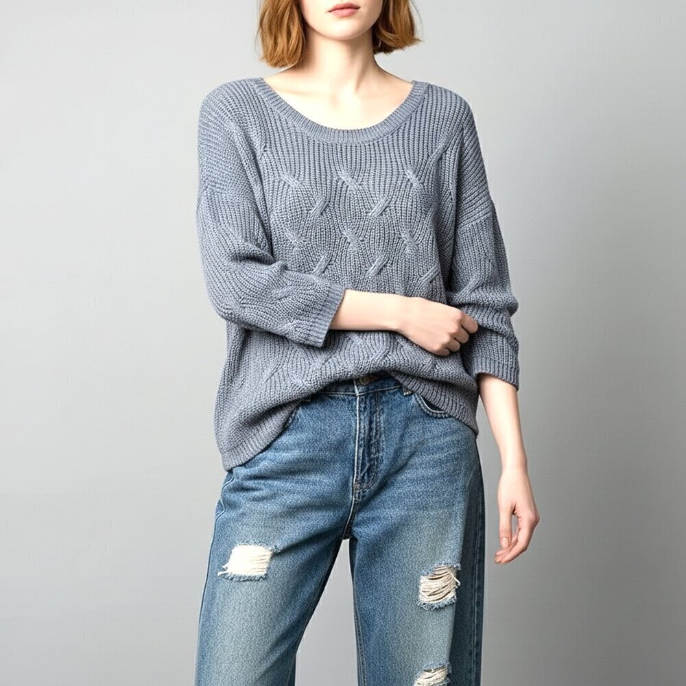 J. Jill Heather Blue Gray Cable Knit Sweater Size L